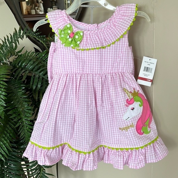 Brand New Emily Rose Pink & Green Seersucker Dress Unicorn Ruffle Bow 2-Pc Set - Picture 1 of 14